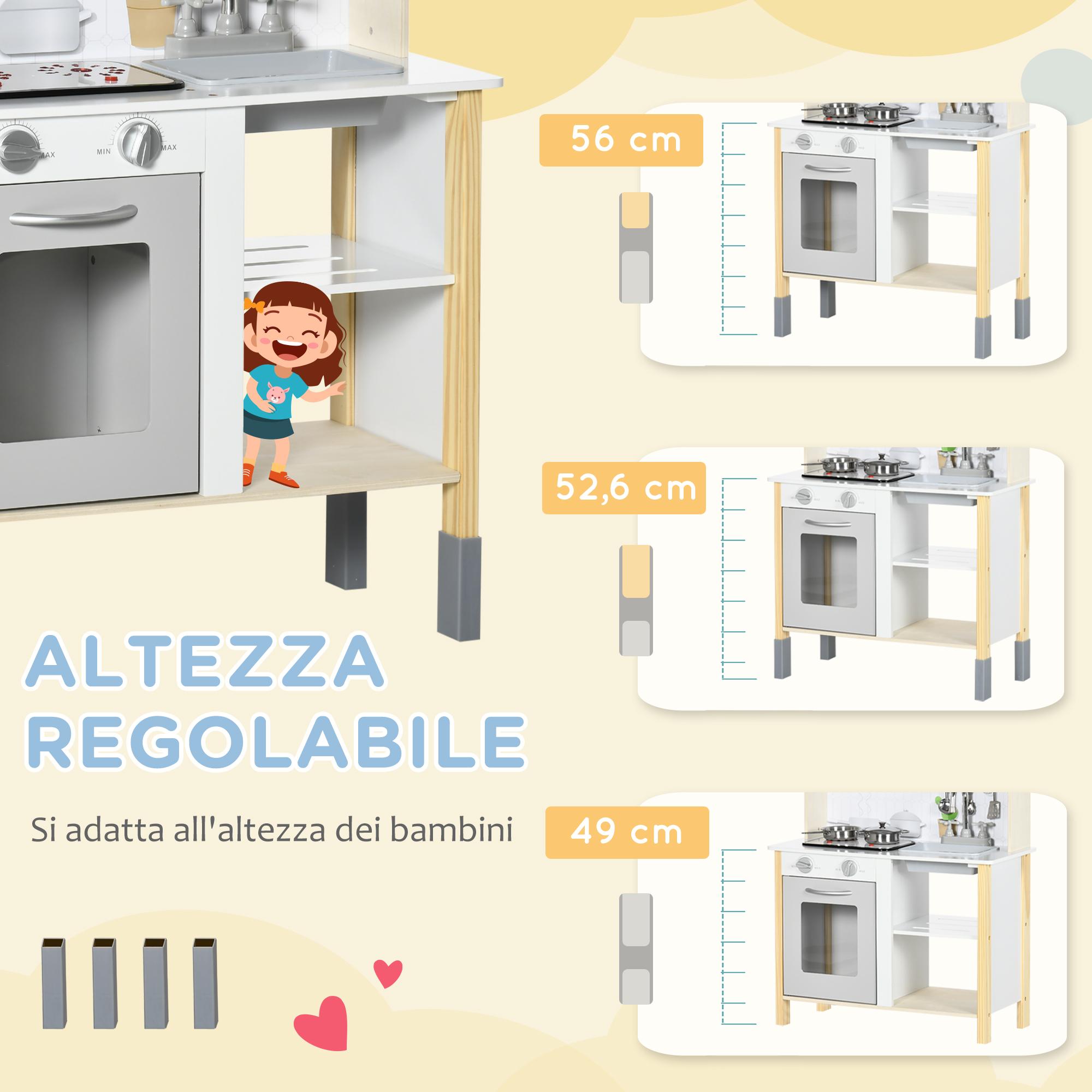 Cucina Giocattolo per Bambini 60x30,5x93,2 cm con Luci e Utensili in MDF e PP Grigio e Bianco