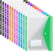 Documenti A4, 12 unità, contenitori con tasche estensibile, trasparenti, con chiusura con bottone a pressione e spazio per etichetta.