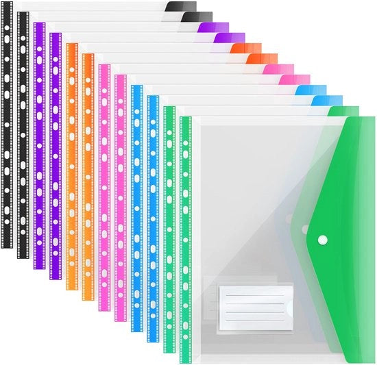 Documenti A4, 12 unità, contenitori con tasche estensibile, trasparenti, con chiusura con bottone a pressione e spazio per etichetta.