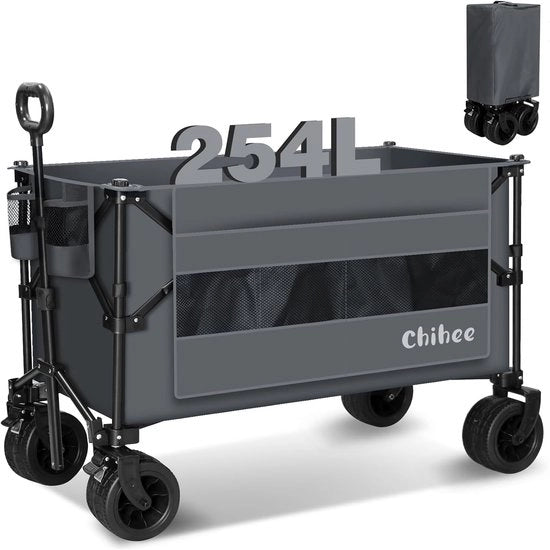 Carrello da giardino e da spiaggia pieghevole - Capacità 254L - Ruote tutti terreni - Portatile con tasca laterale e contenitori per bicchieri Carrello da trasporto