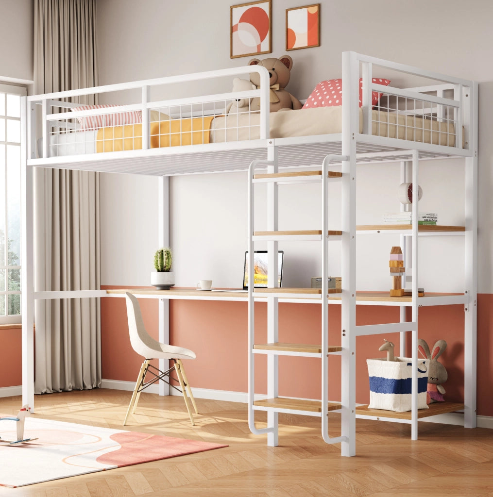 Letto a soppalco 90x200 cm in metallo bianco con scrivania