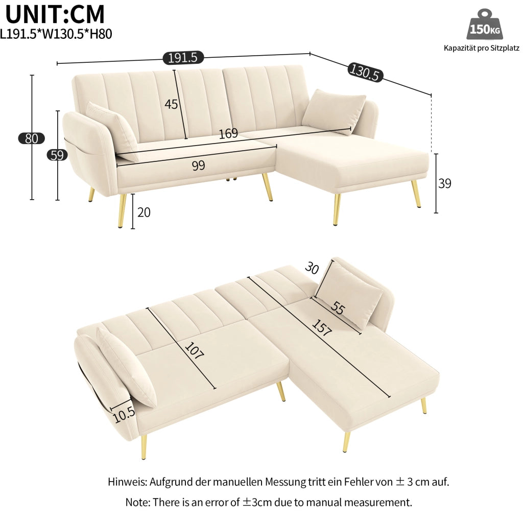 Divano angolare multifunzionale in velluto beige 191;5 x 130;5 x 80 cm; con chaise longue reversibile