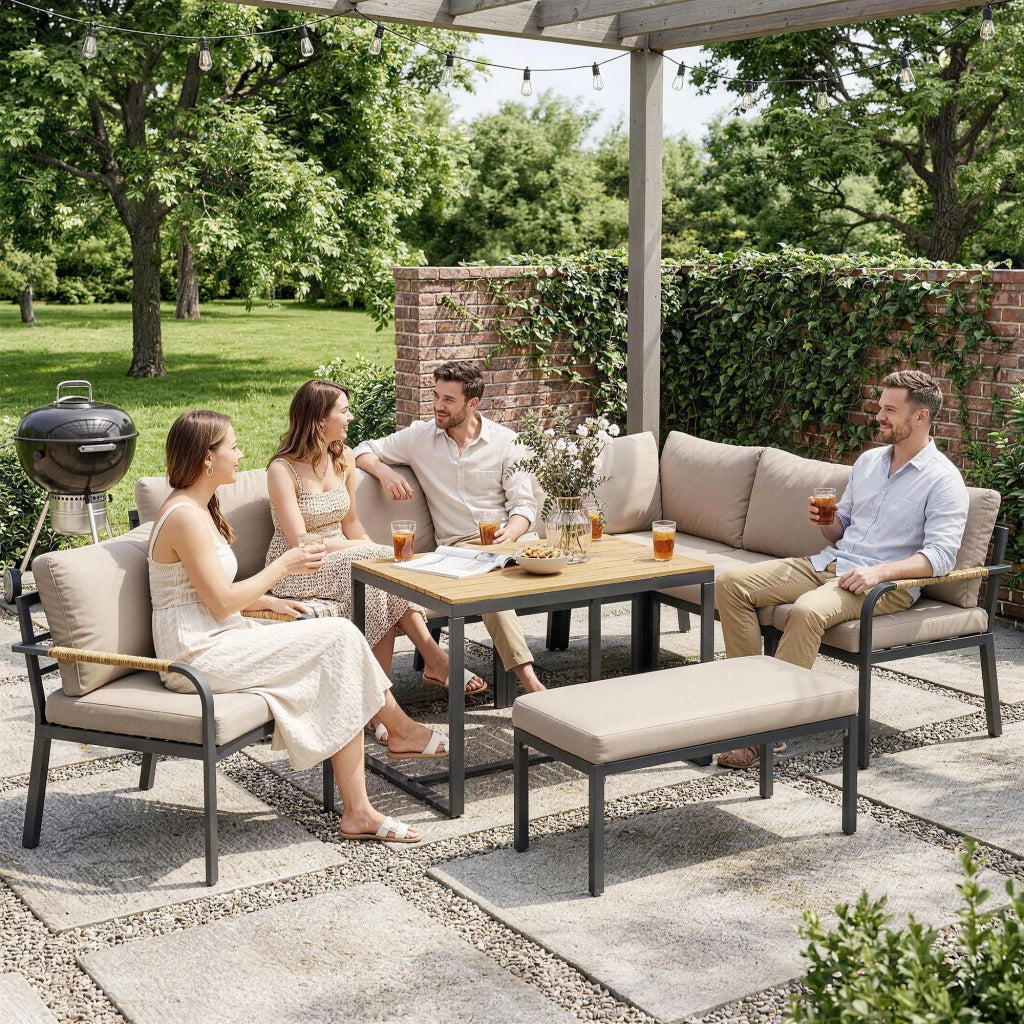 Set Giardino 7 Pezzi Divano Angolare Esterno con Tavolo e Pouf ¨C zephmum ¨C Beige e Grigio