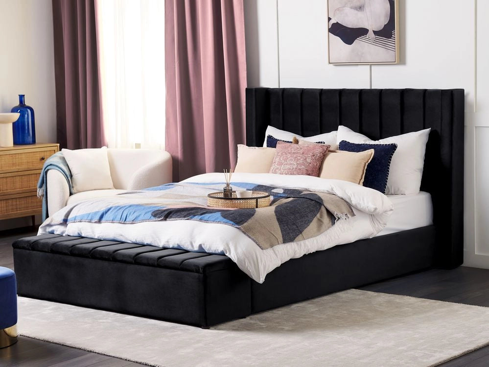 Letto matrimoniale ad acqua in velluto nero con cassapanca 180 x 200 cm moderno glam morbido materasso camera da letto