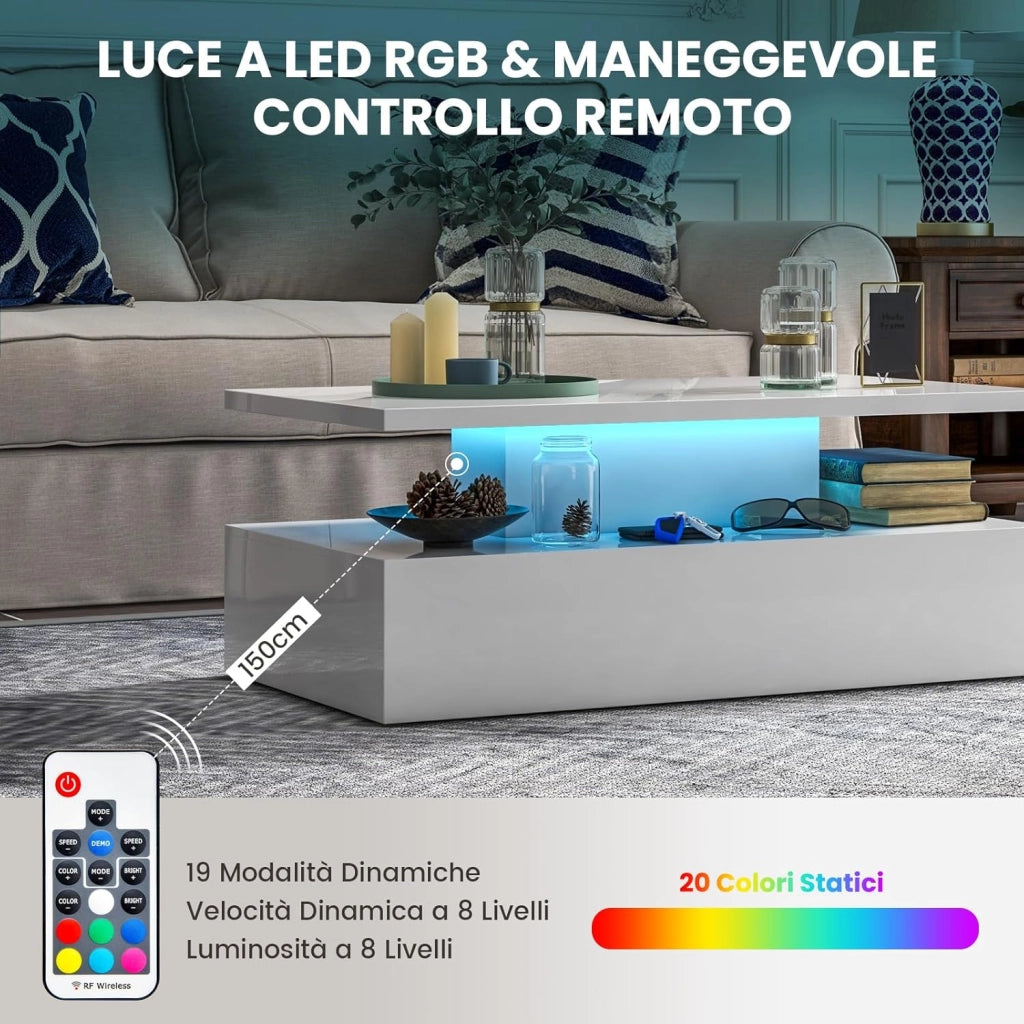 Tavolino da Caffè a LED a 2 Livelli con Colori della Luce Regolabili Velocità e Luminosità e Telecomando, Tavolo da Salotto Rettangolare e Moderno per Soggiorno e Ufficio (Bianco)