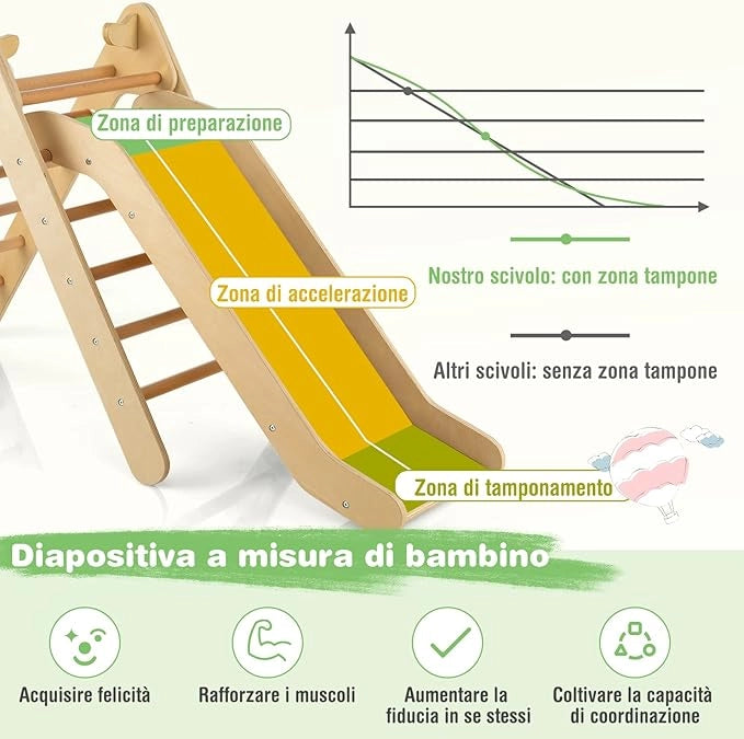 2 in 1 Set da Arrampicata con Scivolo per Bambini, Triangolo di Arrampicata in Legno Regolabile a Gradi, Giocattolo per Arrampicarsi all’Interno, 1 Anno+ (Naturale)