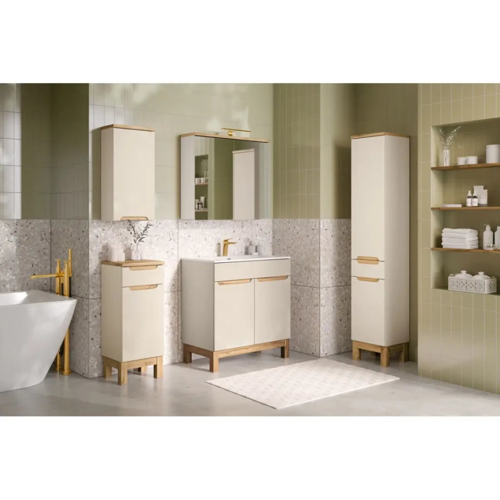 Insieme ERMANO cashmere e finitura quercia 150cm: mobile sottolavabo + lavabo incassato + mobili sospesi e da appoggio