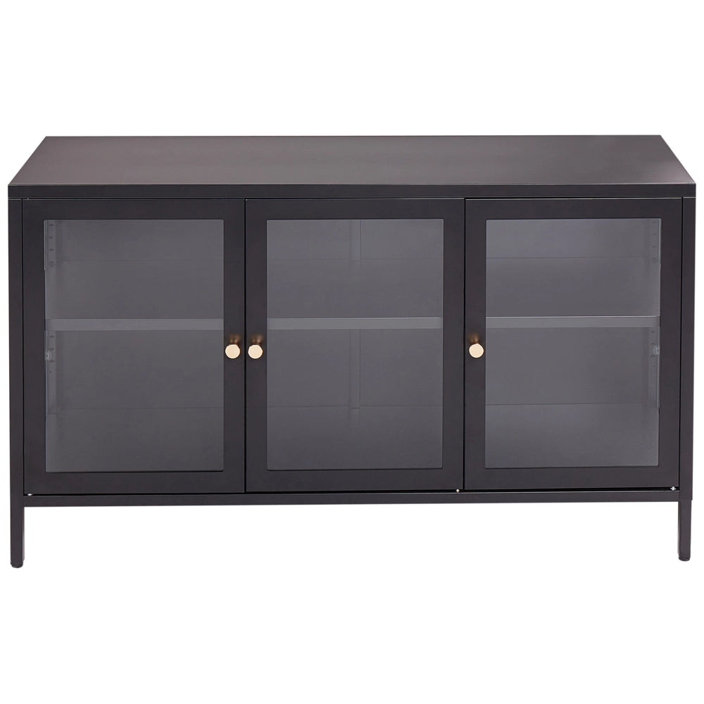Credenza a 3 ante in acciaio nero con vetro temperato, ripiani regolabili, tappi per le gambe, mobili per il soggiorno dal design moderno.