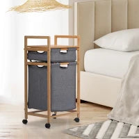 Cesto Portabiancheria con 2 Scomparti e Ruote, Sacchi in Tessuto e Struttura in Bambù, 42x35x84.5cm