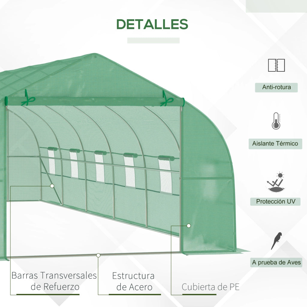 Serra da giardino a tunnel ¨C zephmum ¨C 8x3x2 m verde con 12 finestre e porta a rullo