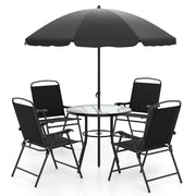 Tavolo e sedie da esterno con 4 poltrone pieghevoli e tavolo rotondo in vetro temperato-Set da pranzo da giardino a 6 pezzi con ombrellone Nero