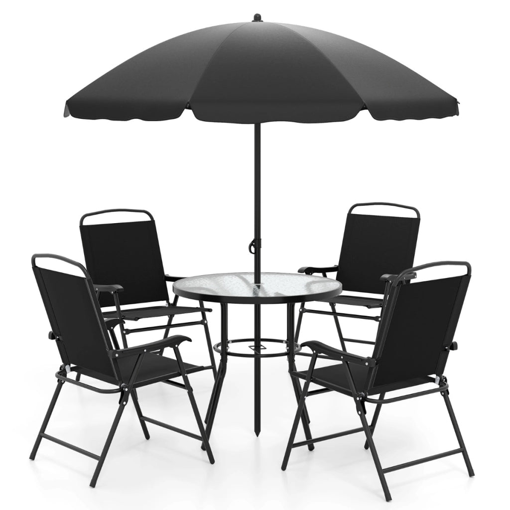 Tavolo e sedie da esterno con 4 poltrone pieghevoli e tavolo rotondo in vetro temperato-Set da pranzo da giardino a 6 pezzi con ombrellone Nero