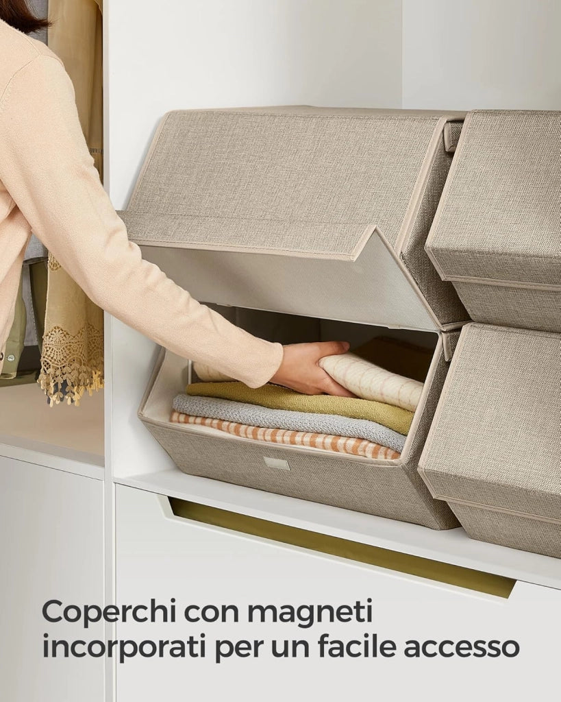 Set di 4 Scatole con Coperchio, Organizzatori Impilabili per Armadi, Contenitori con Chiusura Magnetica, in Tessuto, Struttura in Metallo, per Libri Vestiti, Beige Sabbia