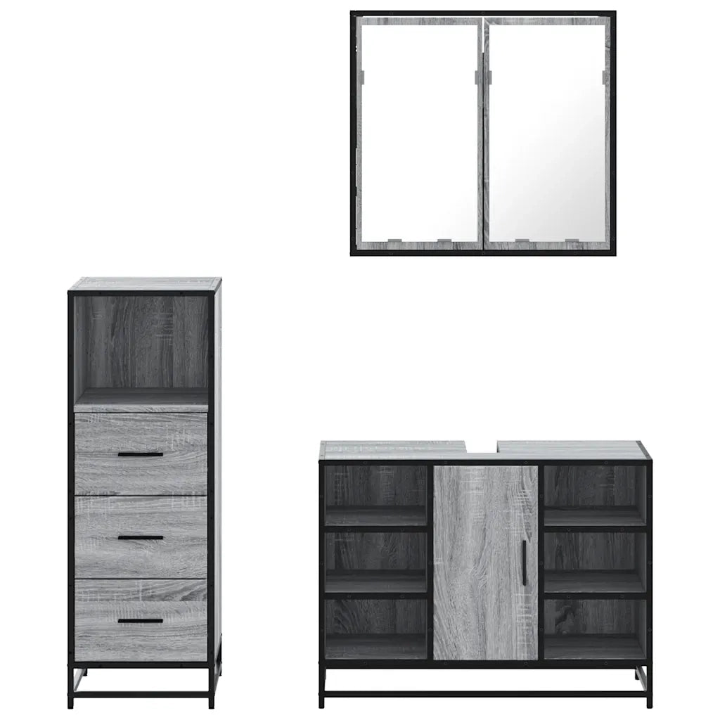 Set Mobili da Bagno 3 pz Grigio Sonoma in Legno Multistrato