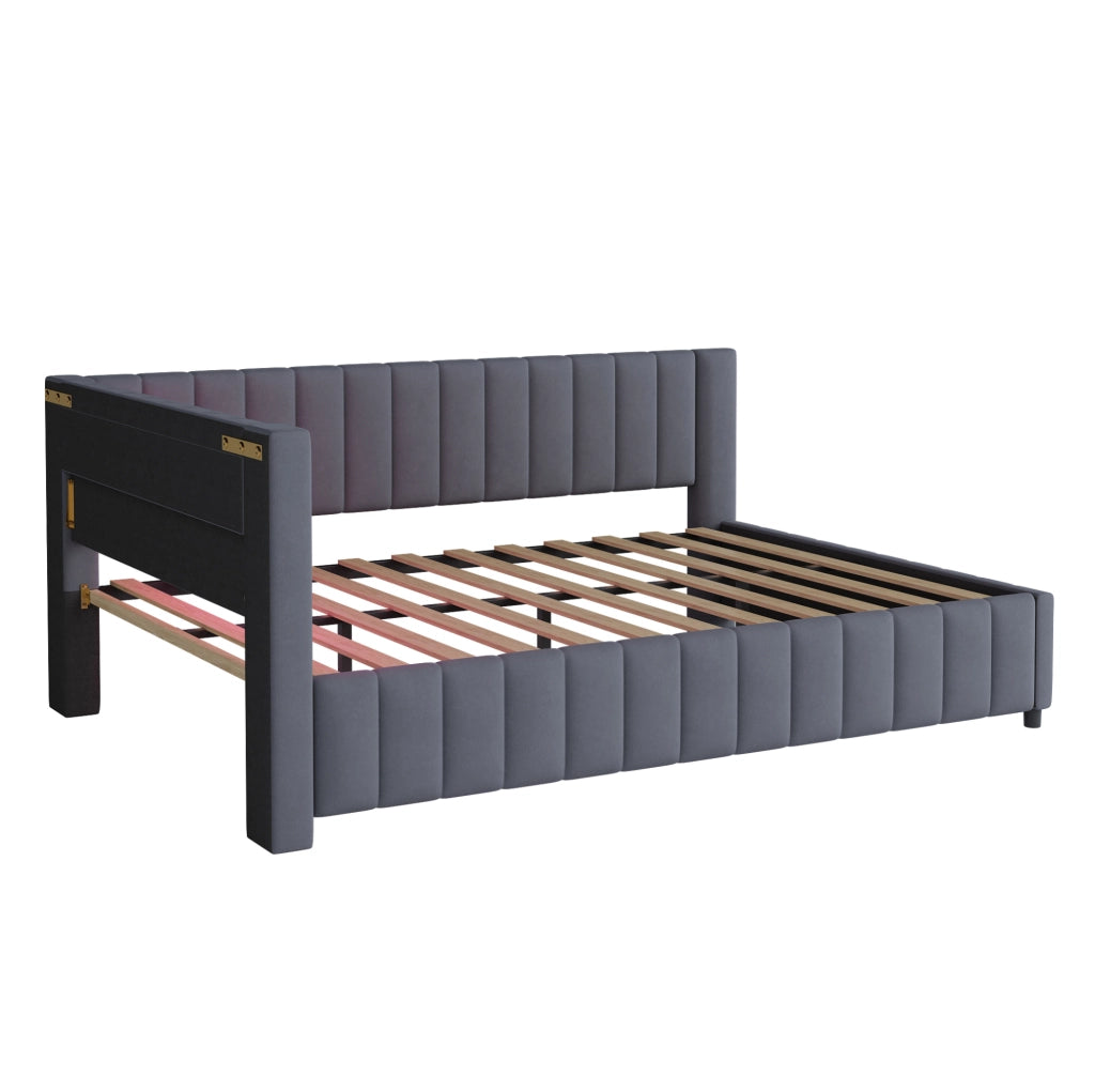 Divano letto 140x200 cm; design a L con LED e USB; velluto grigio (Senza materasso)