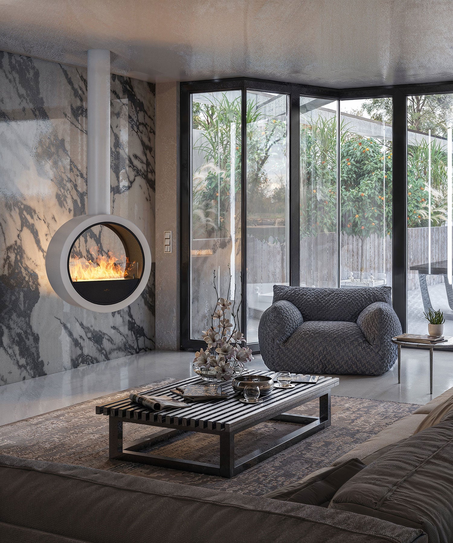 Camino a Bioetanolo Sospeso 218,6xØ70x35 cm Incyrcle Bianco con Vetro