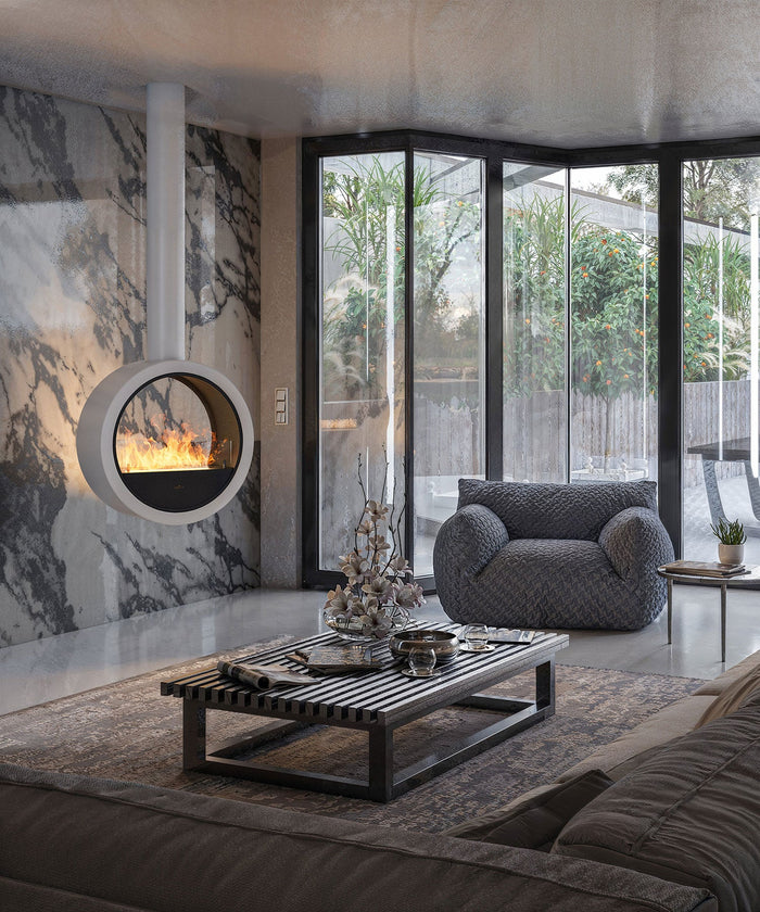 Camino a Bioetanolo Sospeso 218,6xØ70x35 cm Incyrcle Bianco con Vetro