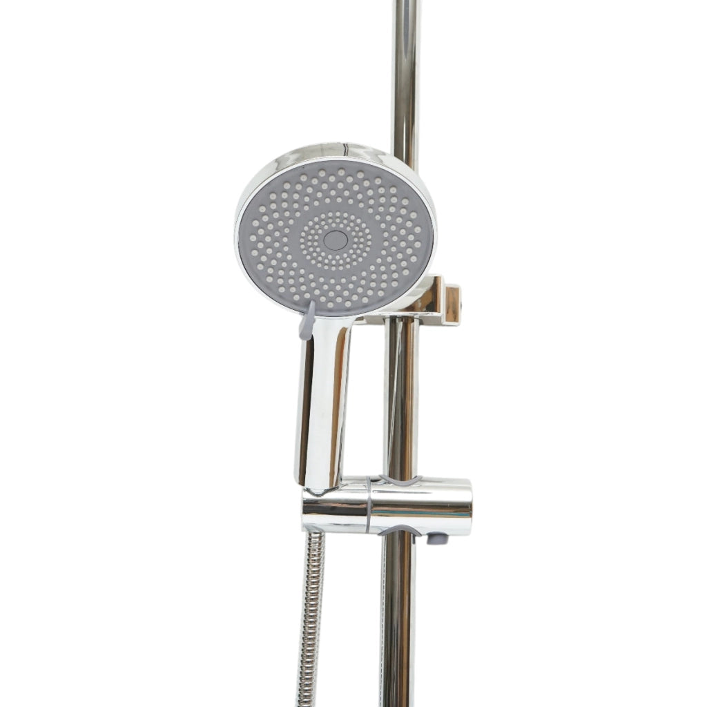 Set doccia multifunzionale da parete con doccetta a mano, bocca per vasca, soffione rotondo, cartuccia in ceramica, finitura cromo lucido.