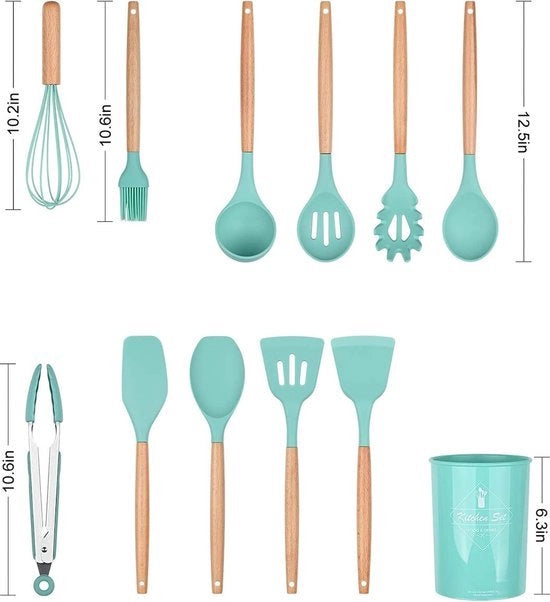 Set di accessori per cucina in silicone, 12 pezzi maniglie in legno naturale, utensili da cucina strumenti da cucina set, non BPA, silicone, set di accessori da cucina (verde scuro)