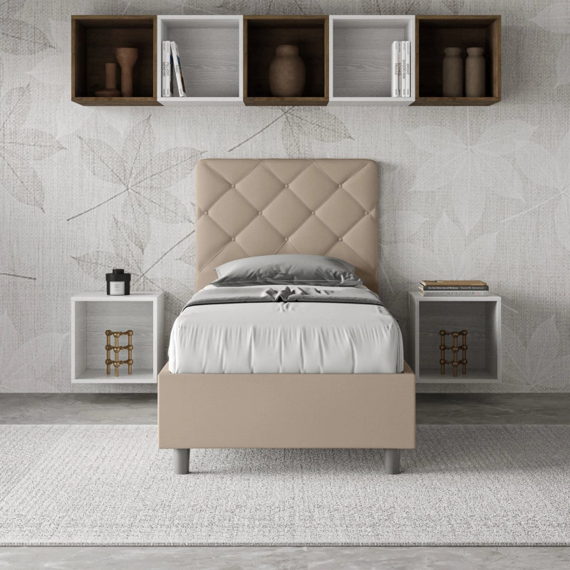 Letto imbottito Singolo 80x200 cm Priya - Similpelle,Tortora,Con rete
