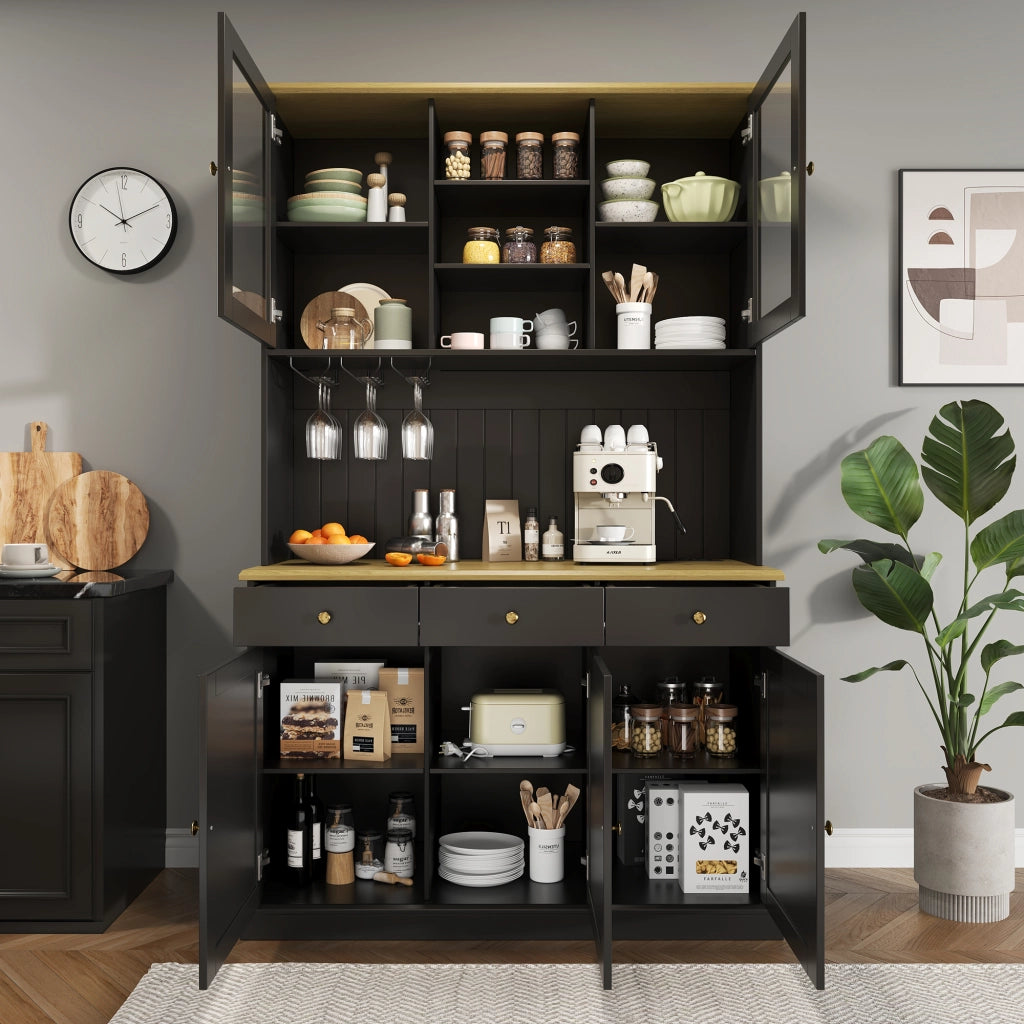 Credenza Alta da Cucina con Vetrina; 1 Cassetto; Portabicchieri; 2 Prese e USB-A USB-C; in MDF; Nero; 120 x 40 x 191 cm