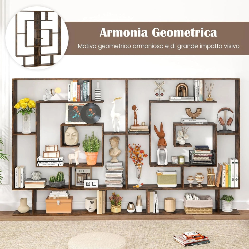 Libreria Scaffale Geometrico Spirale ad Angolo Retto a 7 Ripiani, Scaffale Espositivo in Legno Salvaspazio, Libreria per Camera da Letto, Soggiorno e Salotto, 125 x 22 x 150 cm (Marrone)