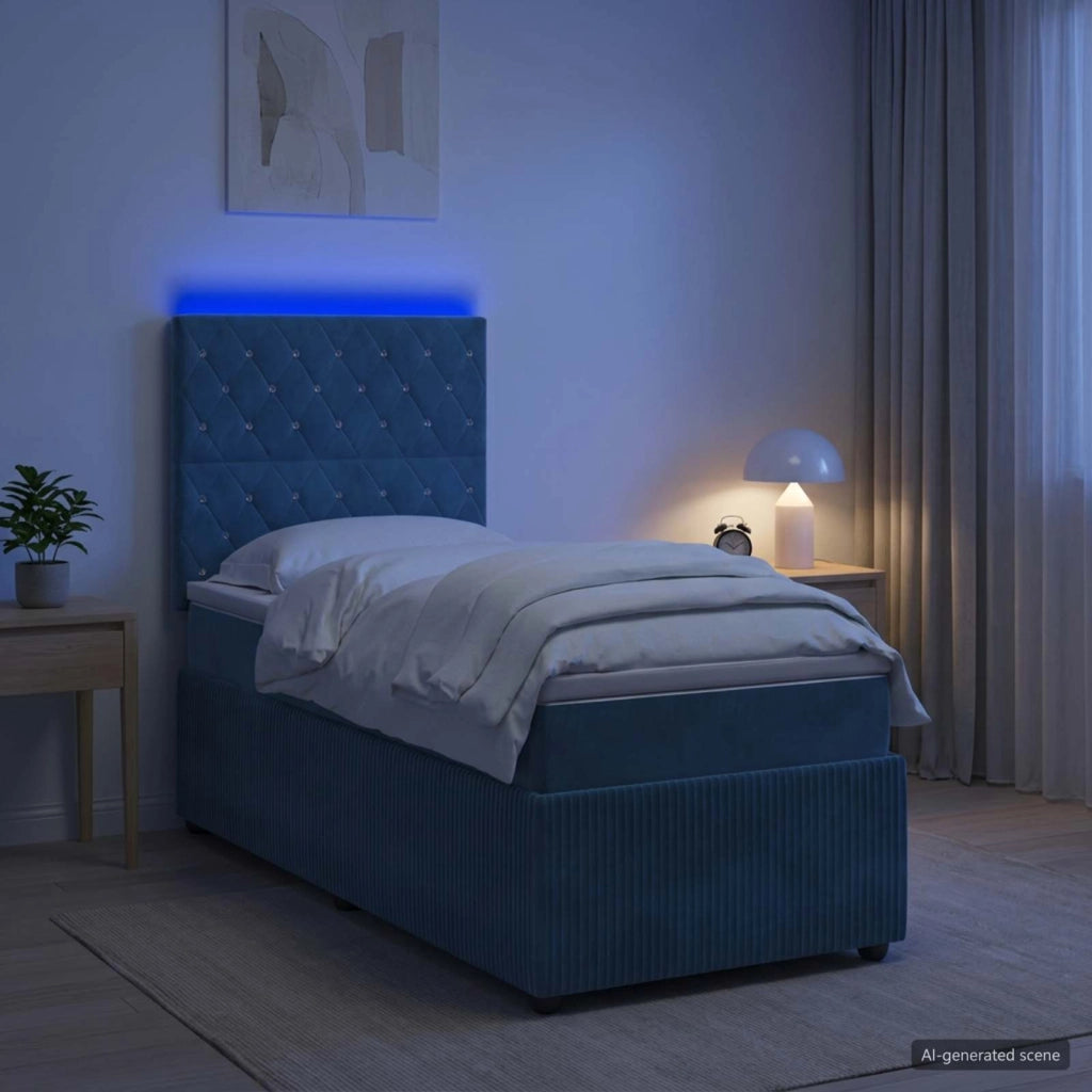 Letto Box Spring LED con Materasso Blu 100 x 200 cm Velluto 3456009