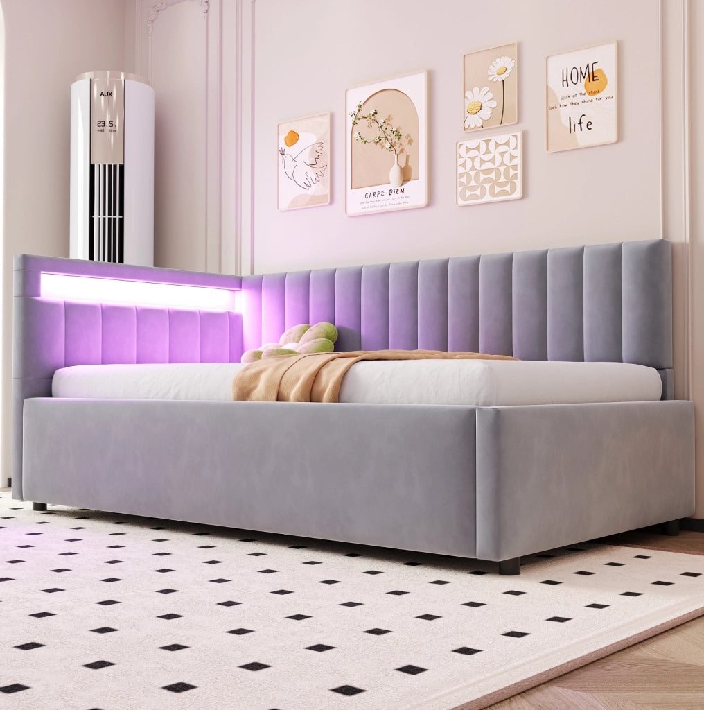 Divano letto imbottito 90x200 cm con LED; contenitore idraulico e velluto grigio