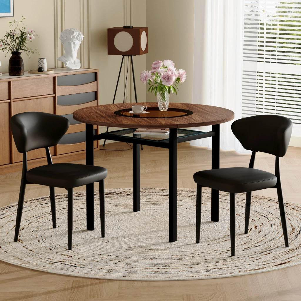 Set tavolo da pranzo rotondo con 2 sedie in PU, piano in MDF con inserto in vetro, per cucina e sala da pranzo 100 cm