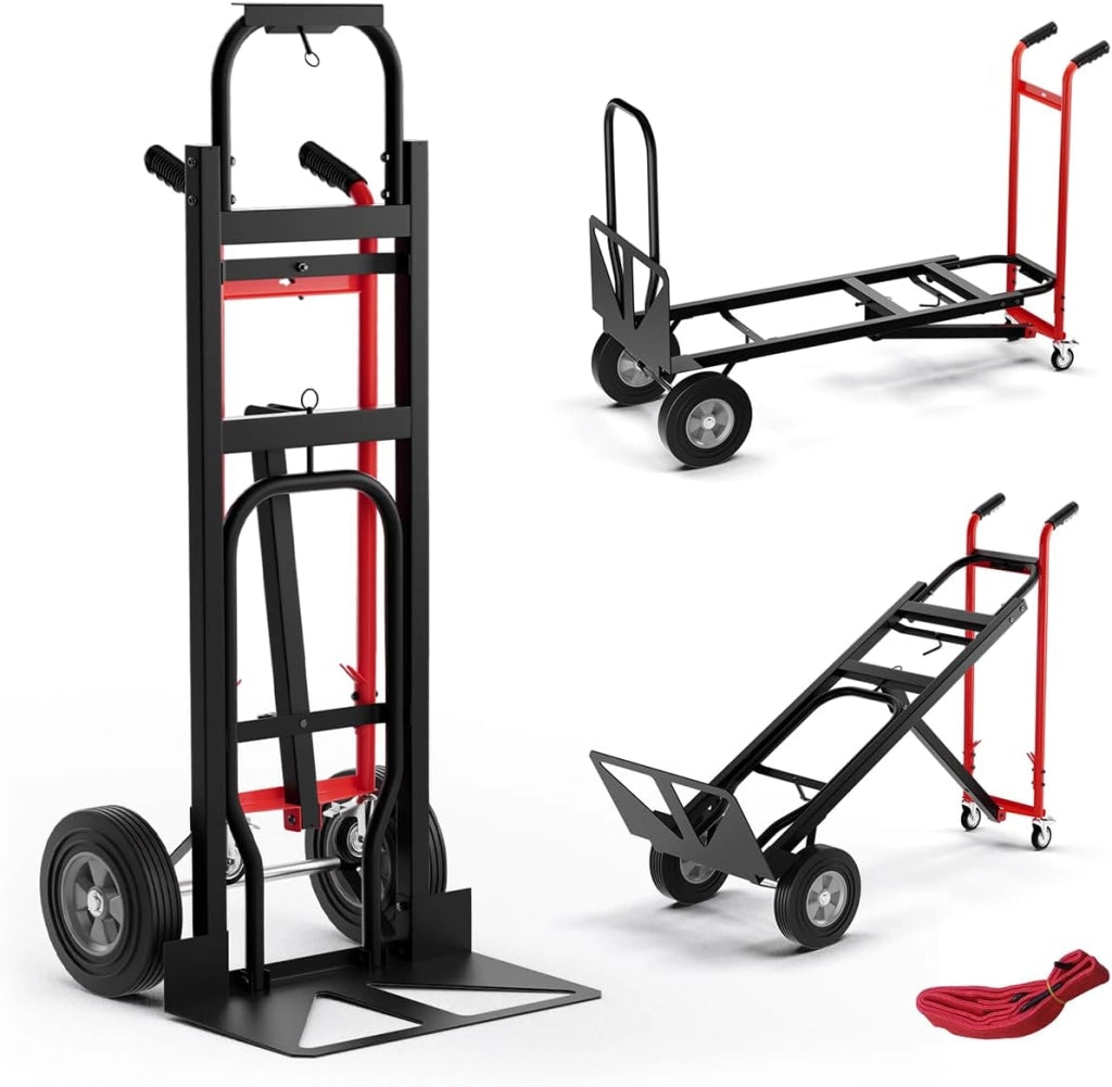 3 in 1 Carrello a Mano, Carrello Portapacchi con 4 Ruote in Gomma, Carrello Pieghevole per Trasporto e Spostamento in Magazzino, Casa, Portata Massima 450 kg (Rosso)