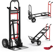3 in 1 Carrello a Mano, Carrello Portapacchi con 4 Ruote in Gomma, Carrello Pieghevole per Trasporto e Spostamento in Magazzino, Casa, Portata Massima 450 kg (Rosso)