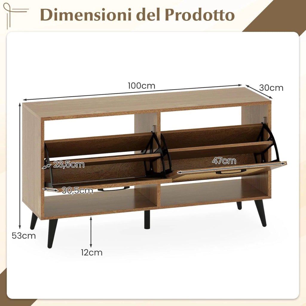 Scarpiera Salvaspazio a 2 Ante a Ribalta, Mobile Chiuso Portascarpe in Legno, con Ripiano Regolabile, per Ingresso Salotto e Corridoio, 100 x 30 x 53 cm, Marrone