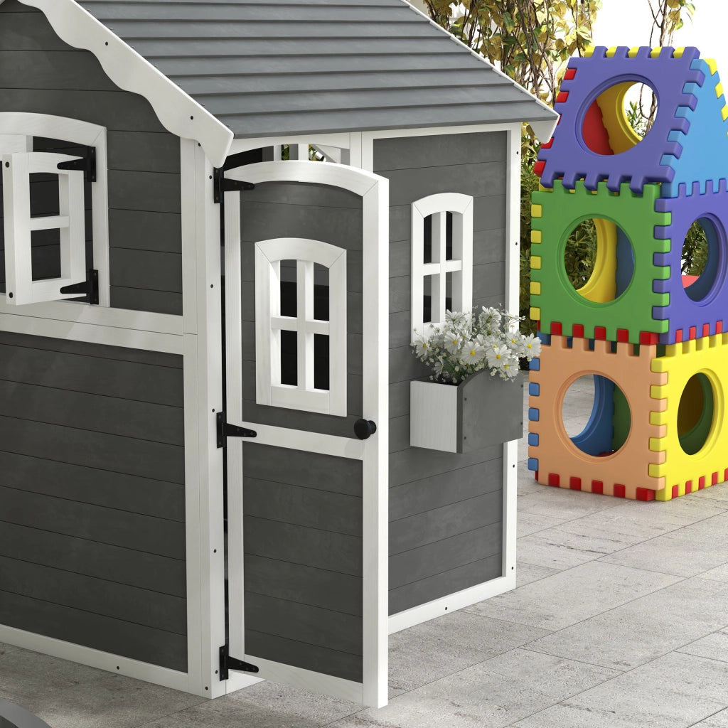 Casetta per Bambini in Legno di Abete ¨C Xylo ¨C 6 Finestre, Fioriera, 104.5x110x137 cm, Grigia