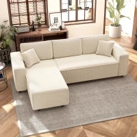 Divano con Penisola a 3 Posti in Tessuto Effetto Velluto, Schiuma e Nylon, 241x153x83 cm, Bianco Crema