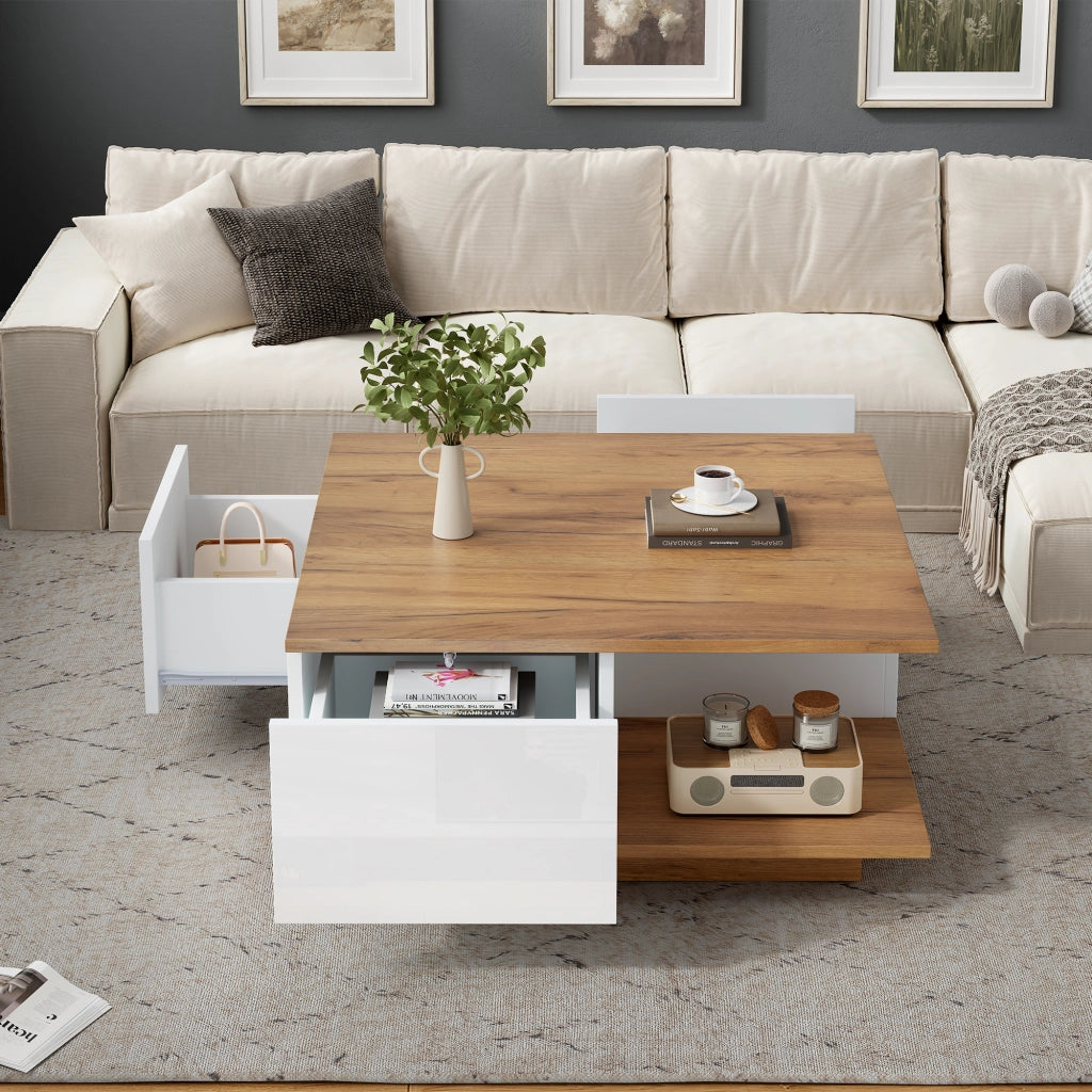Tavolino da Salotto Quadrato con 3 Cassetti e 1 Vano Semiaperto; Finitura Lucida; per Soggiorno; in Legno; Bianco e Noce