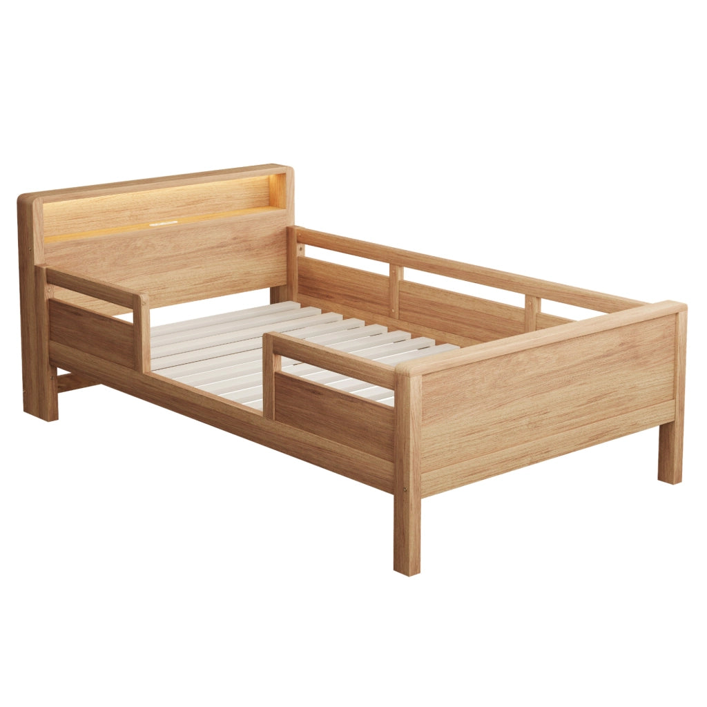 Letto singolo per bambini 90x200 cm in legno naturale con LED; USB; Type-C e testiera con vano