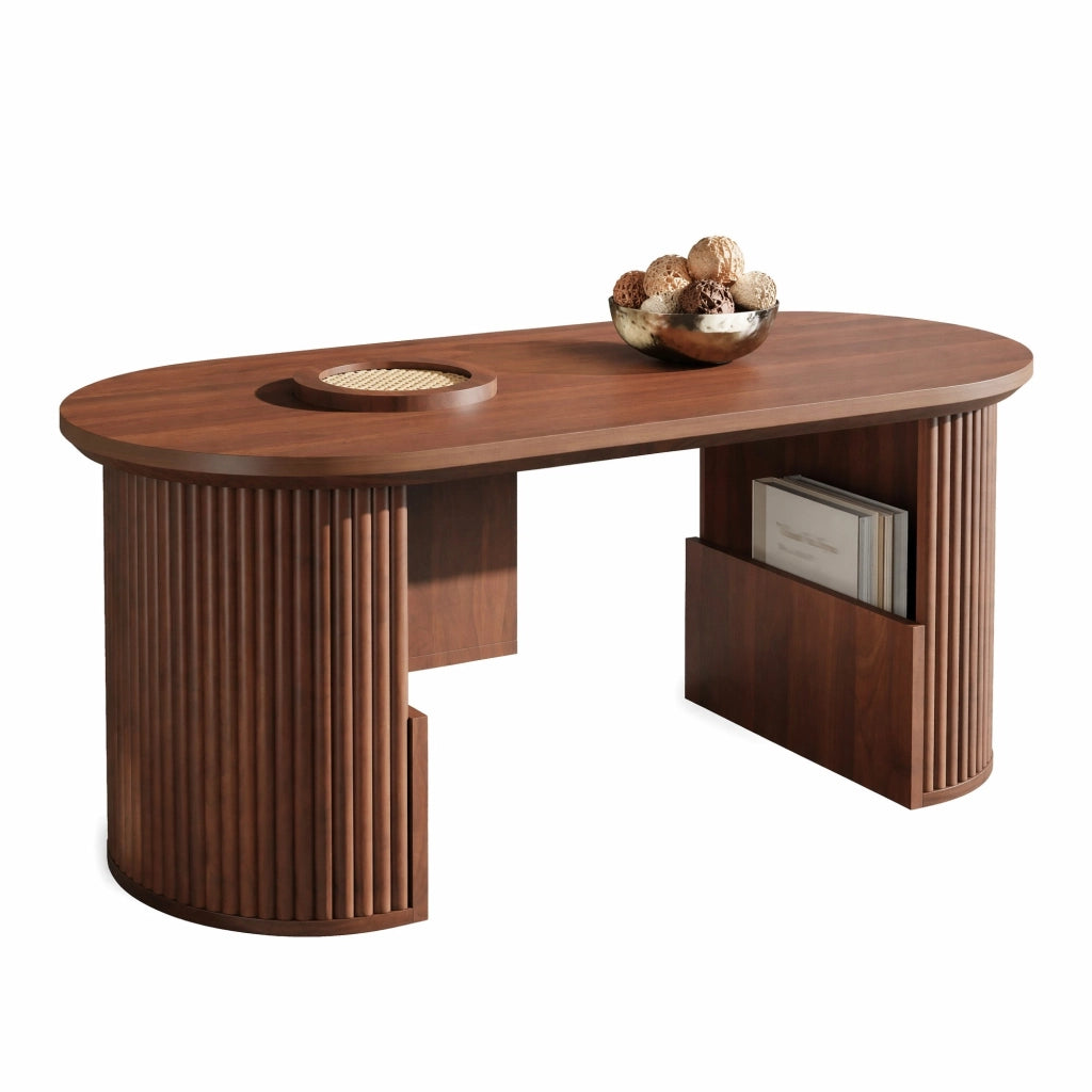 Tavolino da caffè ovale con vani contenitore; 105 x 50 x 46;5 cm; MDF color noce