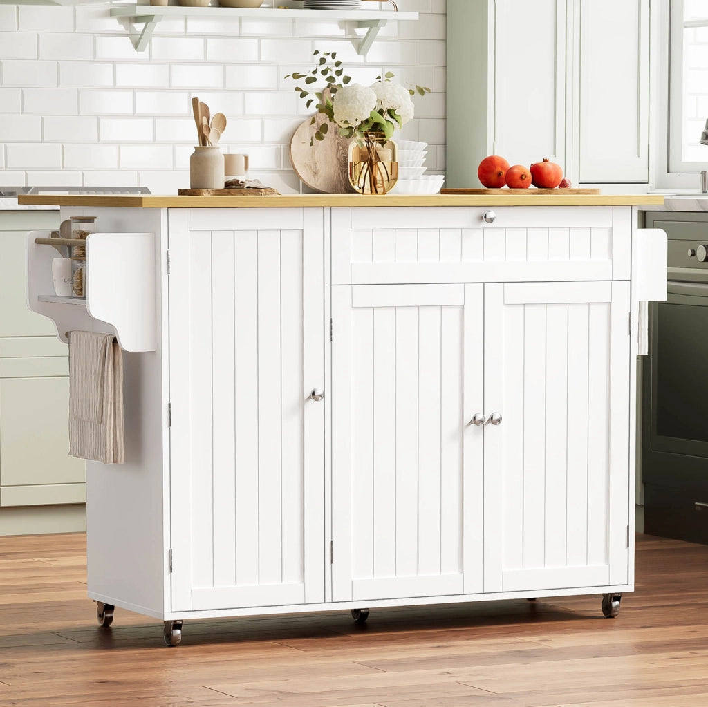Carrello isola cucina con piano ribaltabile 120x70x92 cm in MDF; naturale e bianco
