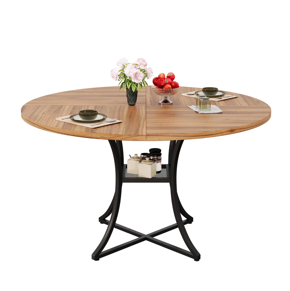 Tavolo rotondo da pranzo 100 cm in MDF effetto noce e metallo nero; con ripiano inferiore