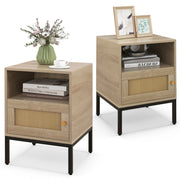 Comodino con spazio di stoccaggio ripiano aperto e armadietto con porta, Tavolino bohemien in rattan per casa 2 Pezzi Naturale-Comodini