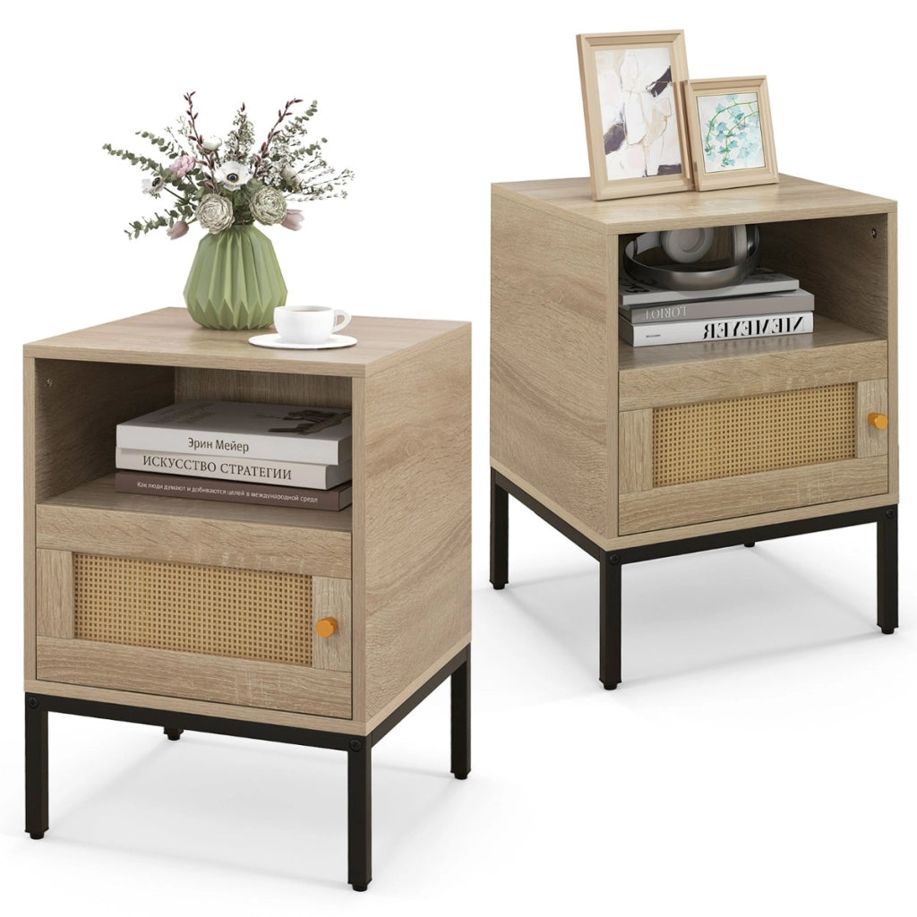 Comodino con spazio di stoccaggio ripiano aperto e armadietto con porta, Tavolino bohemien in rattan per casa 2 Pezzi Naturale-Comodini