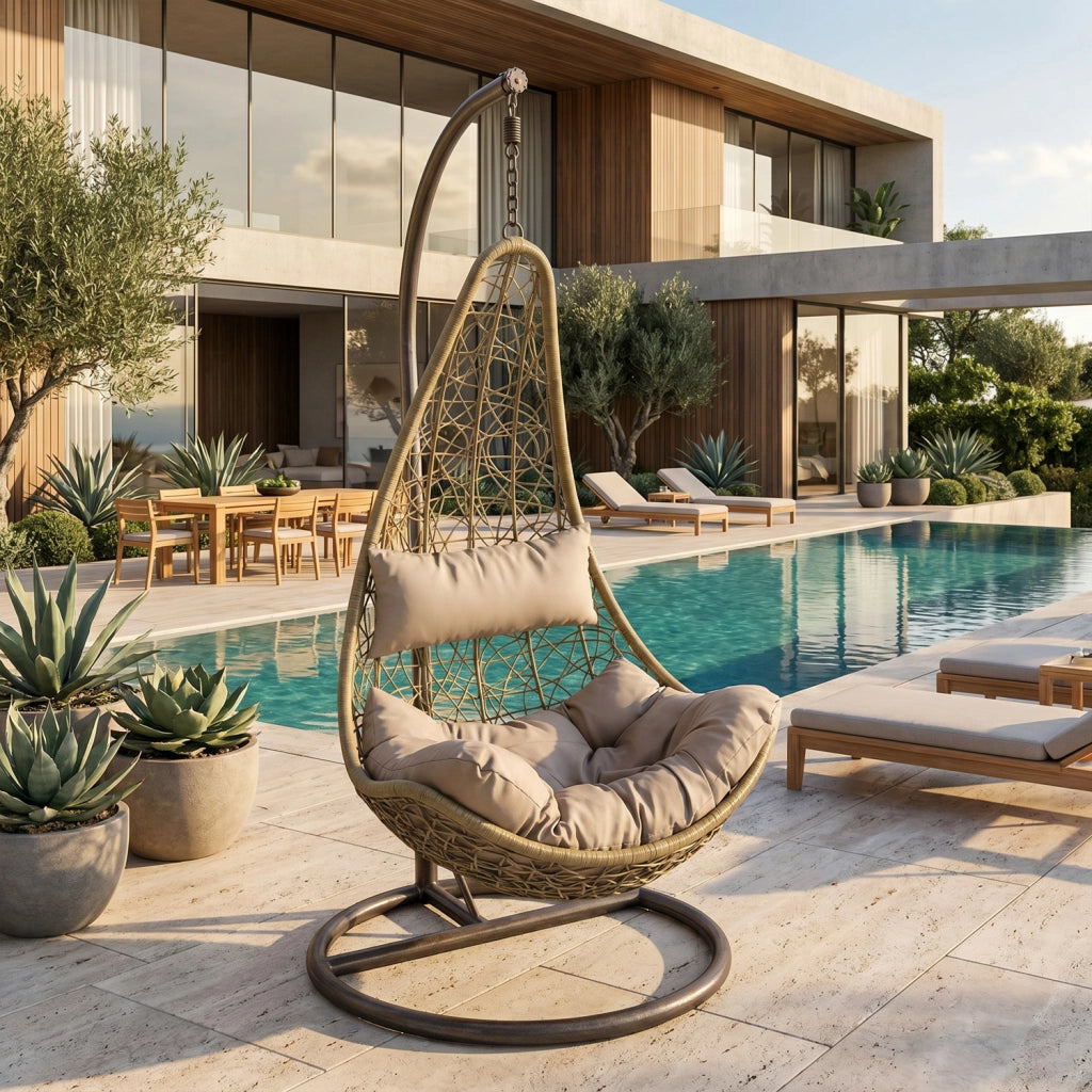 Poltrona Sospesa Da Giardino Con Struttura Autoportante In Metallo Seduta In Polyrattan Con Cuscino E Poggiatesta Arredo Outdoor Terrazza Balcone E Veranda 105 x 195 Cm Beige
