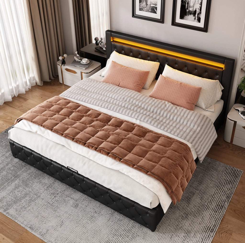Letto imbottito 140x200 cm con contenitore e LED; in PU nero