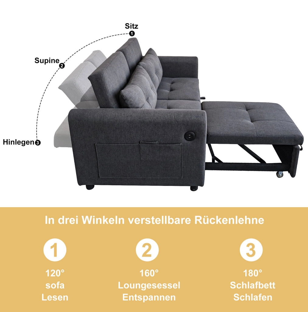 Divano letto 3 in 1 grigio con USB e schienale reclinabile