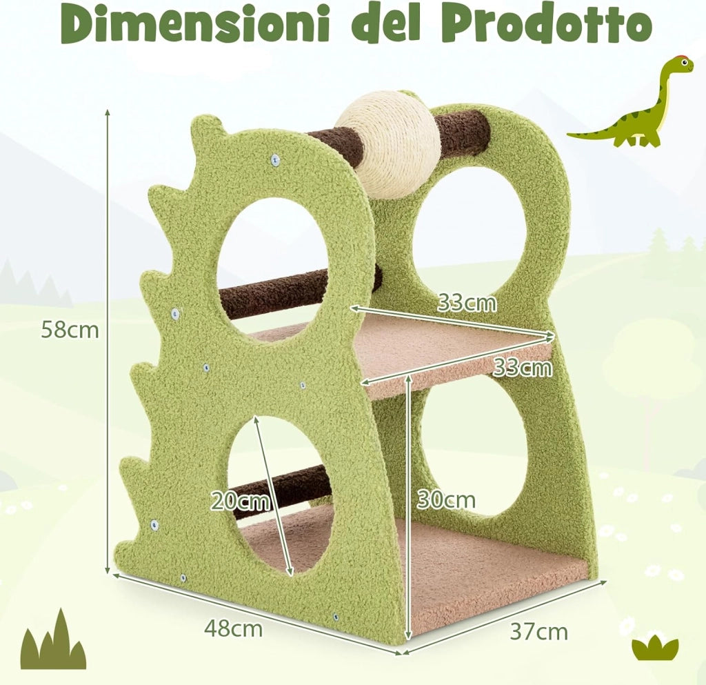 Albero Tiragraffi Moderno a 2 Livelli da Interno, Torre per Gatti a Forma di Dinosauro con Palla Girevole in Sisal, Tessuto Peluche Morbido e Tiragraffi, Centro Attività per Gatti