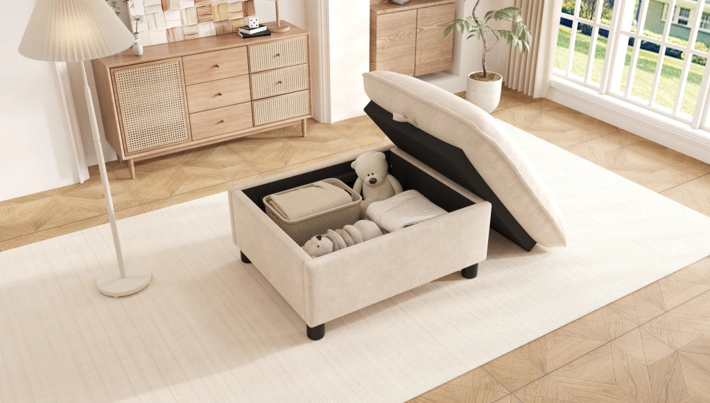Pouf contenitore in chenille 98x65x48 cm; beige; con gambe da 8 cm