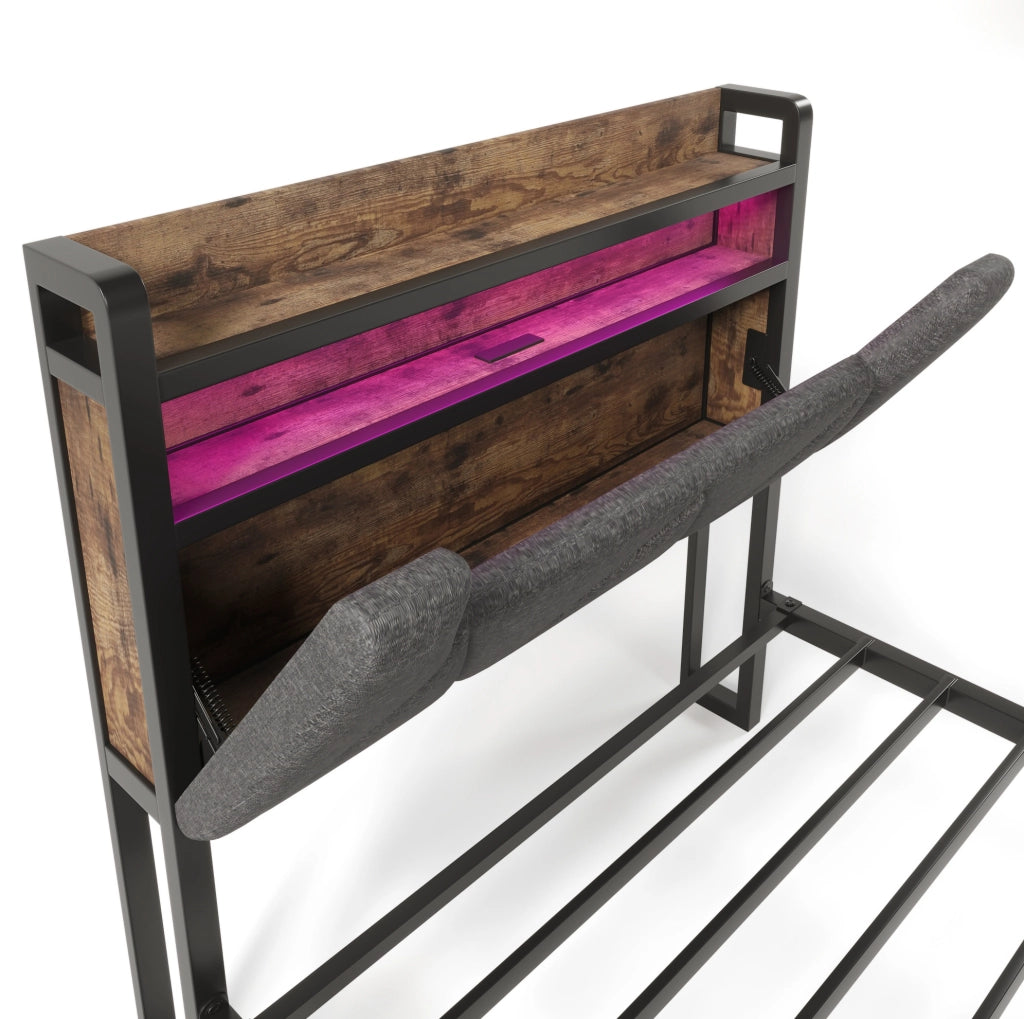 Letto singolo 90x200 cm con LED, USB/Type-C, testiera contenitore e cassetto