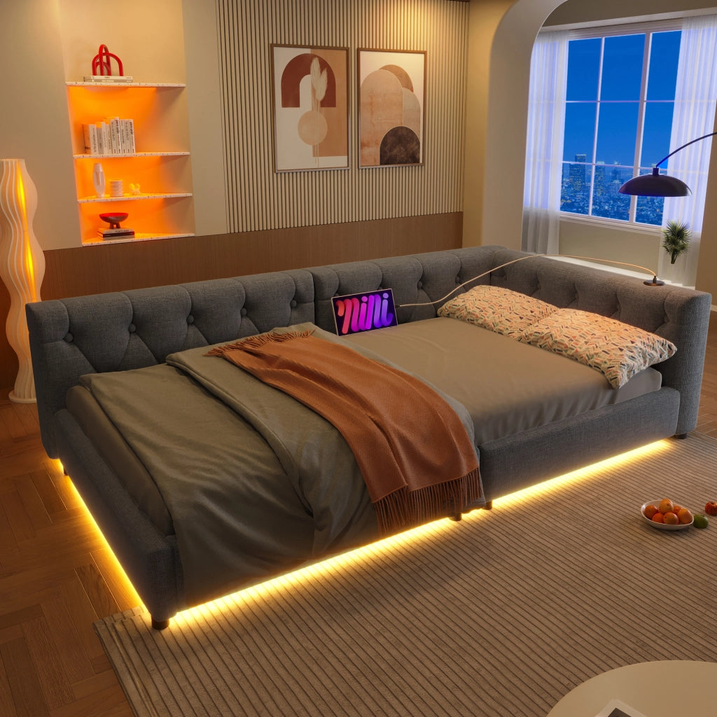 Letto divano con rete a doghe in lino grigio 90x200 cm