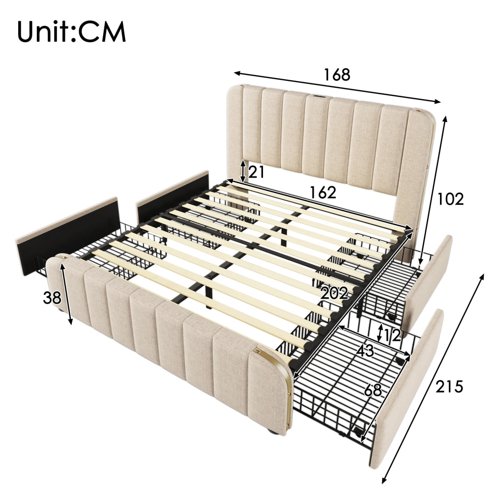 Letto matrimoniale imbottito ULEVR 160x200 cm con 4 cassetti, USB e Type-C, lino beige
