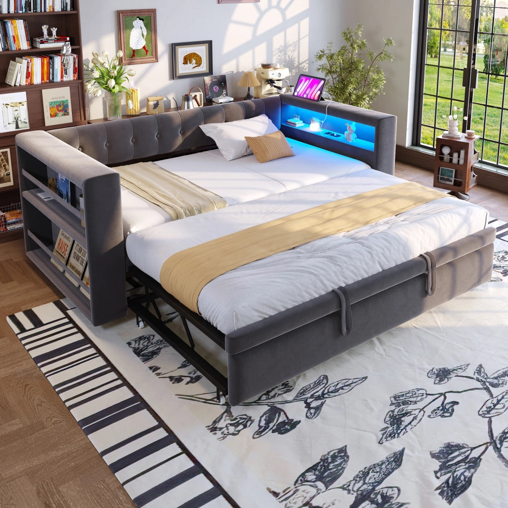 Divano letto multifunzionale 90/180x190 cm in flanella grigio scuro con LED, presa integrata e vani contenitore